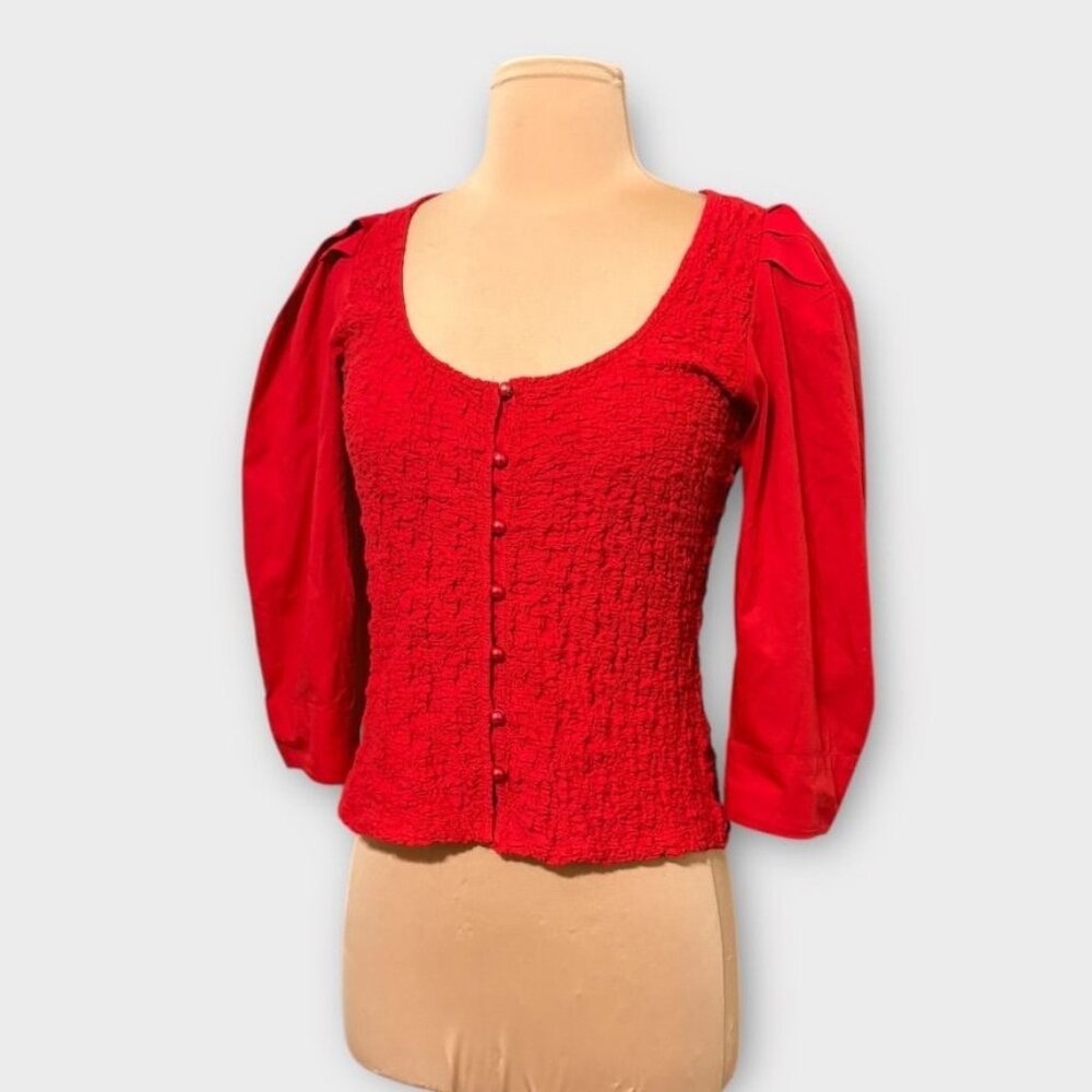 Anthropologie Smocked Cardi Blouse Top S Red Feminine Boho Cottage Peasant EUC